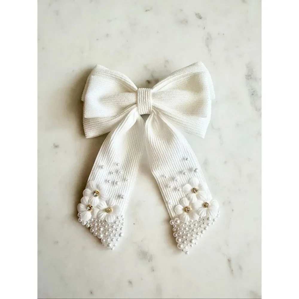 White Pearl Floral Ribbon Hair Bow Clip | Romantic Bridal Coquette